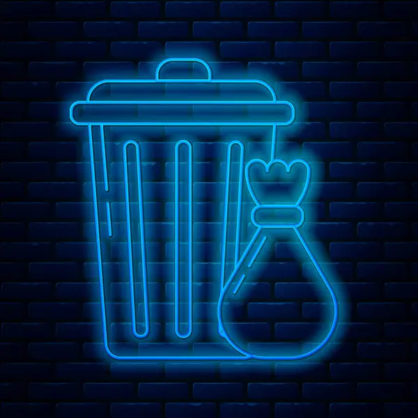 Linha de néon brilhante Trash can e ícone saco de lixo isolado no fundo da parede de tijolo. Sinal de lixeira. Ícone da cesta de reciclagem. Ícone de lixo do escritório. Ilustração vetorial — Vetor de Stock