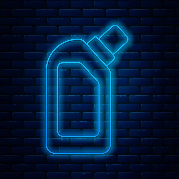 Linea neon incandescente Bottiglia di plastica per detersivo liquido per bucato, candeggina, detersivo per stoviglie o un'altra icona del detergente isolata su fondo parete in mattoni. Illustrazione vettoriale — Vettoriale Stock