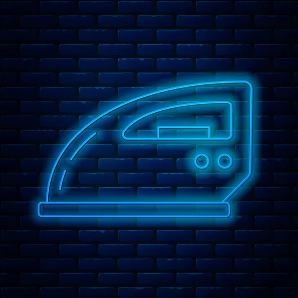 Leuchtende Neon-Linie elektrische Eisen-Symbol isoliert auf Backsteinwand Hintergrund. Dampfbügeleisen Vektorillustration — Stockvektor