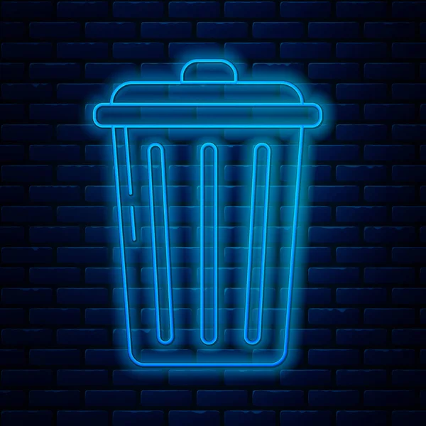 Linha de néon brilhante ícone da lata de lixo isolado no fundo da parede de tijolo. Sinal de lixeira. Ícone da cesta de reciclagem. Ícone de lixo do escritório. Ilustração vetorial — Vetor de Stock