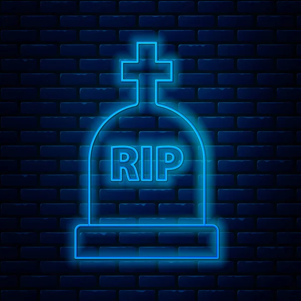 Linha de néon brilhante Tombstone com RIP escrito nele ícone isolado no fundo da parede de tijolo. Ícone de túmulo. Ilustração vetorial — Vetor de Stock