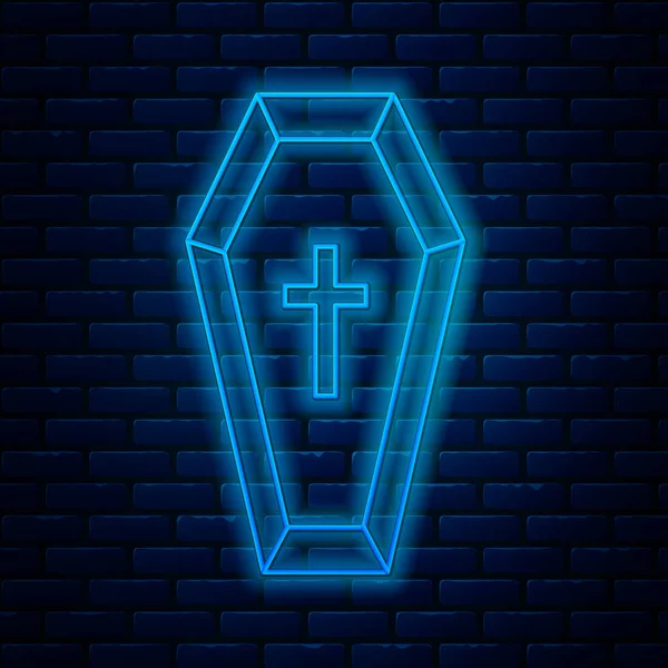 Linha de néon brilhante Coffin com ícone de cruz cristã isolado no fundo da parede de tijolo. Feliz festa de Halloween. Ilustração vetorial — Vetor de Stock