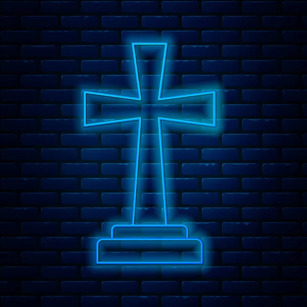 Glowing neon line Tombstone with cross icon isolated on brick wall background. Grave icon. Vector Illustration — Stock Vector