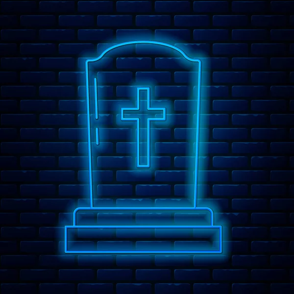 Glowing neon line Tombstone with cross icon isolated on brick wall background. Grave icon. Vector Illustration — Stock Vector