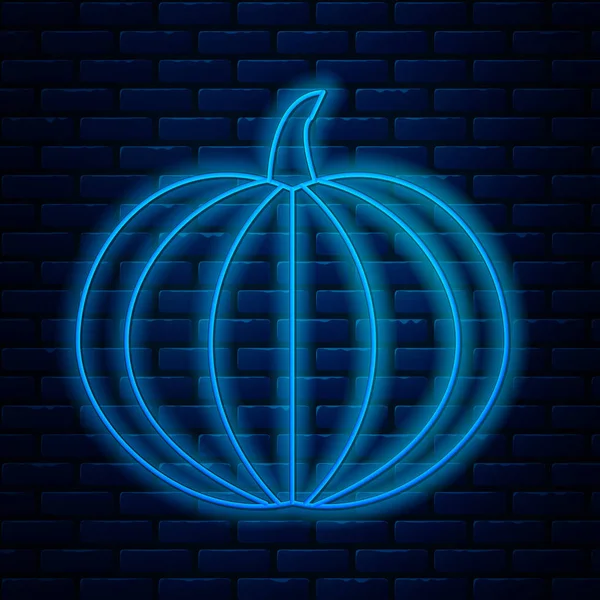 Gloeiende neon lijn Pompoen pictogram geïsoleerd op baksteen muur achtergrond. Gelukkig Halloween feest. Vector Illustratie — Stockvector