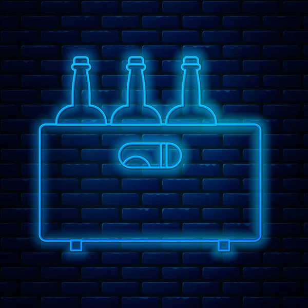 Línea de neón brillante Botellas de vino en una caja de madera icono aislado en el fondo de la pared de ladrillo. Botellas de vino en un icono de caja de madera. Ilustración vectorial — Vector de stock