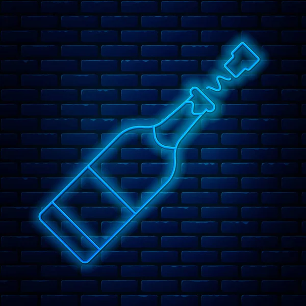 Glow néon ligne bouteille de champagne icône isolée sur fond de mur de briques. Illustration vectorielle — Image vectorielle