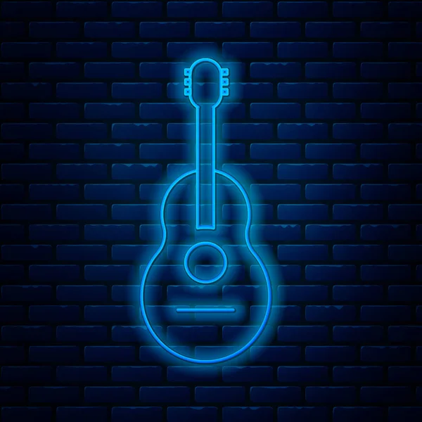 Linha de néon brilhante Ícone de guitarra isolado no fundo da parede de tijolo. Guitarra acústica. Instrumento musical de cordas. Ilustração vetorial —  Vetores de Stock