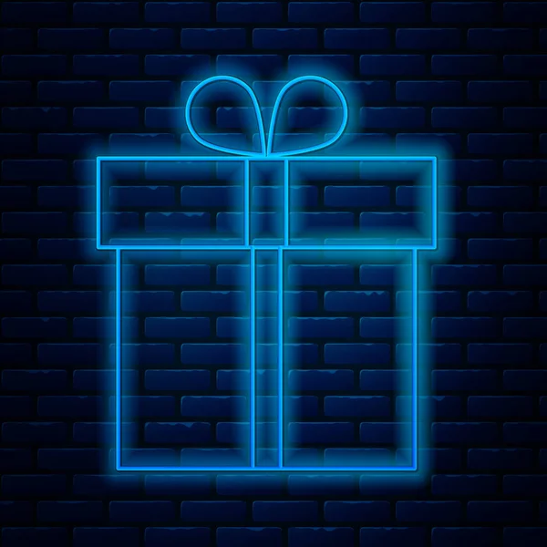 Leuchtende Neon-Linie Geschenk-Box-Symbol isoliert auf Backsteinwand Hintergrund. Vektorillustration — Stockvektor