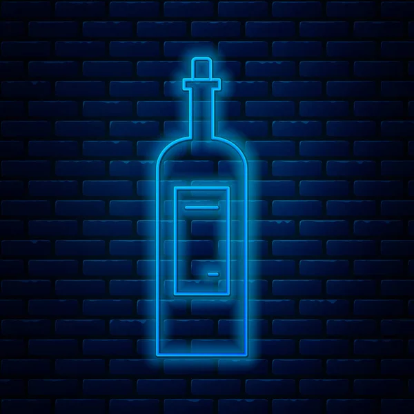 Светящийся неоновая линия Бутылка вина иконка изолированы на кирпичном фоне стены. Векторная миграция — стоковый вектор