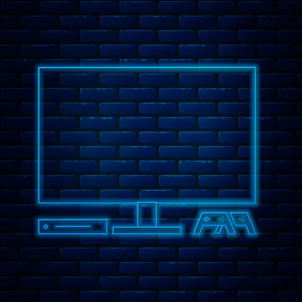 Icono de consola de videojuegos de línea de neón brillante aislado en el fondo de la pared de ladrillo. Videoconsola con joystick y televisión lcd. Ilustración vectorial — Archivo Imágenes Vectoriales