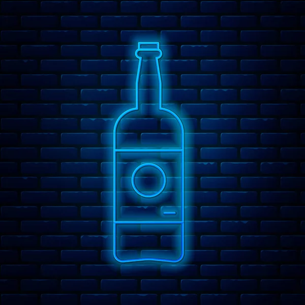 レンガの壁の背景に隔離されたネオンラインビールボトルのアイコンを光る。ベクターイラスト — ストックベクタ