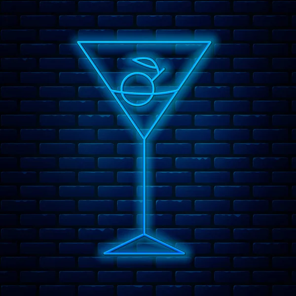 Gloeiende neon lijn Martini glas pictogram geïsoleerd op baksteen muur achtergrond. Cocktailpictogram. Wijnglazen icoon. Vector Illustratie — Stockvector