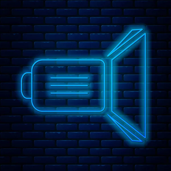 Leuchtende Neon-Line-Filmscheinwerfer Ikone isoliert auf Backsteinwand Hintergrund. Lichteffekt. Szene, Studio, Show. Vektorillustration — Stockvektor