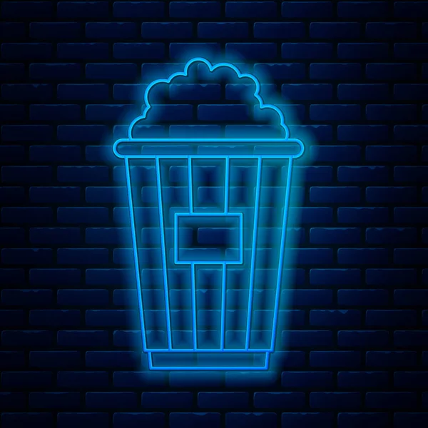 Glowing neon line Popcorn in cardboard box icon isolated on brick wall background. Popcorn bucket box. Vector Illustration — Stock Vector