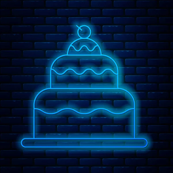 Linea fluorescente icona torta isolato su sfondo muro di mattoni. Buon compleanno. Illustrazione vettoriale — Vettoriale Stock