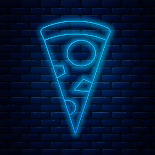 Светящийся неоновая линия ломтик пиццы значок изолирован на фоне кирпичной стены. Векторная миграция — стоковый вектор