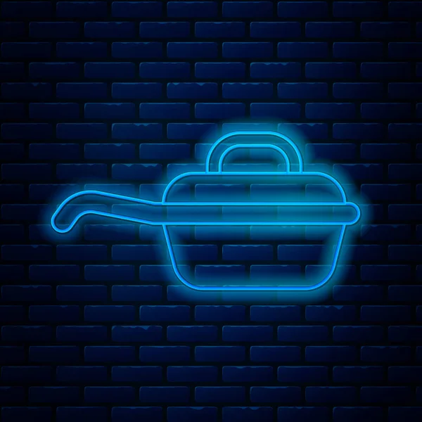 Glödande neon linje Stekpanna ikon isolerad på tegelvägg bakgrund. Stek eller stekt mat symbol. Vektor Illustration — Stock vektor