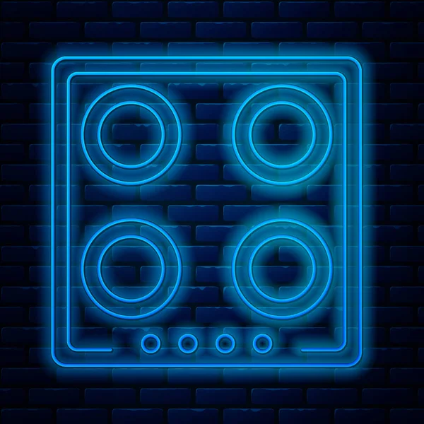 Glowing neon line Gas stove icon isolated on brick wall background. Cooktop sign. Hob with four circle burners. Vector Illustration — Stock Vector