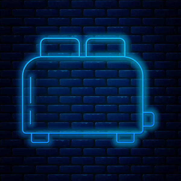 Linha de néon brilhante Torradeira com brindes ícone isolado no fundo da parede de tijolo. Ilustração vetorial —  Vetores de Stock