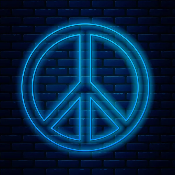 Linha de néon brilhante Ícone de paz isolado no fundo da parede de tijolo. Símbolo hippie da paz. Ilustração vetorial — Vetor de Stock