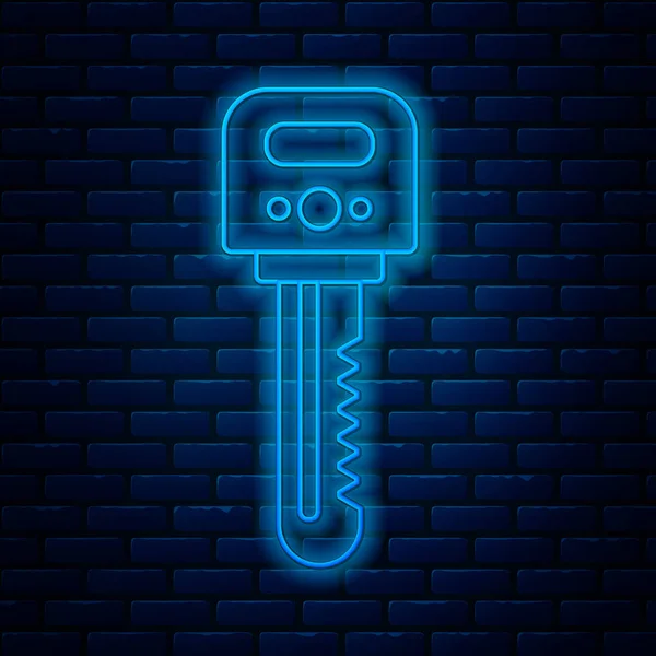 Linea al neon incandescente icona chiave isolata su sfondo muro di mattoni. Illustrazione vettoriale — Vettoriale Stock