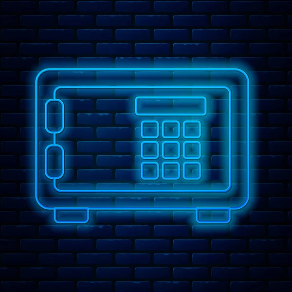 Glödande neon line Säker ikon isolerad på tegelvägg bakgrund. Dörren säkrar ett bankvalv med kombinationslås. Tillförlitligt dataskydd. Vektor Illustration — Stock vektor