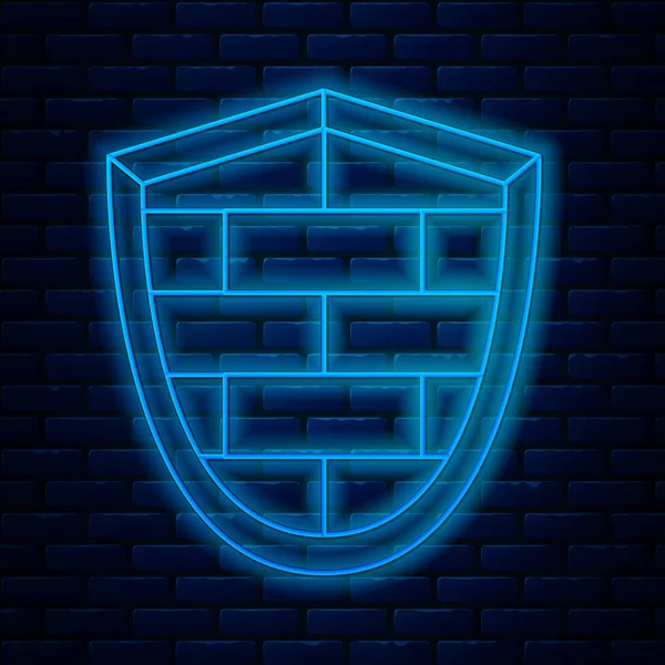 Linha de néon brilhante Escudo com ícone de parede de tijolo de segurança cibernética isolado no fundo da parede de tijolo. Símbolo de protecção de dados. Logotipo de firewall. Proteção de rede. Ilustração vetorial — Vetor de Stock