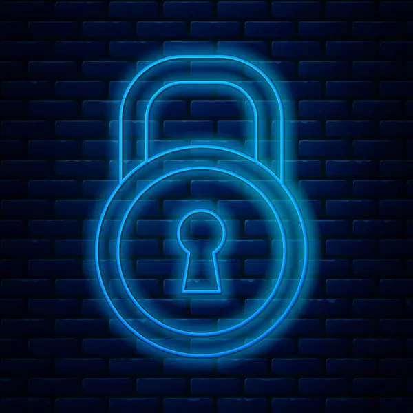 Glowing neon line Lock icon isolated on brick wall background. Padlock sign. Security, safety, protection, privacy concept. Vector Illustration — Stock Vector