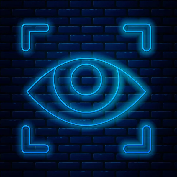 Glödande neon linje Eye scan ikon isolerad på tegel vägg bakgrund. Skannar ögat. Symbolen för säkerhetskontroll. Cyberögontecken. Vektor Illustration — Stock vektor