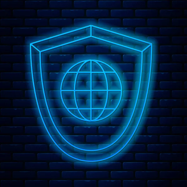 Glowing neon line Shield with world globe icon isolated on brick wall background. Security, safety, protection, privacy concept. Vector Illustration — Stock Vector