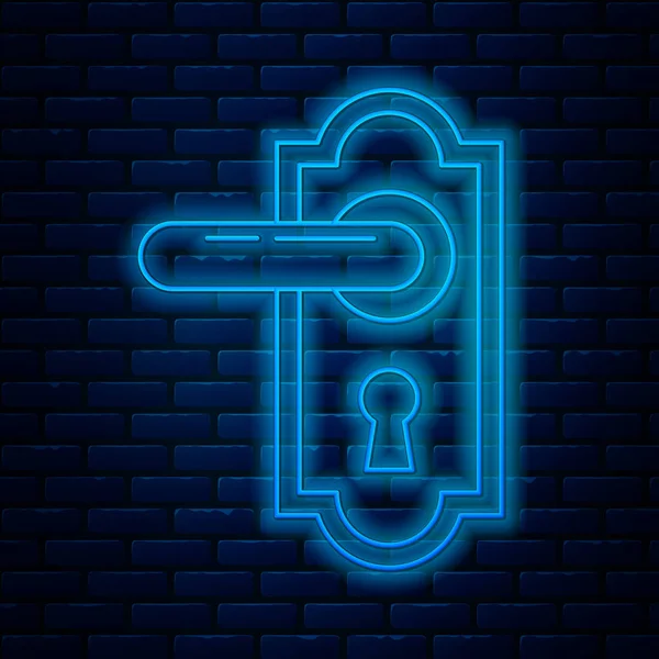 Leuchtende Neon-Linie Türgriff-Symbol isoliert auf Backsteinwand Hintergrund. Türschlossschild. Vektorillustration — Stockvektor