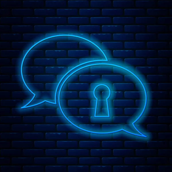 Glowing neon line Protection of personal data icon isolated on brick wall background. Speech bubble and key. Vector Illustration — Stok Vektör