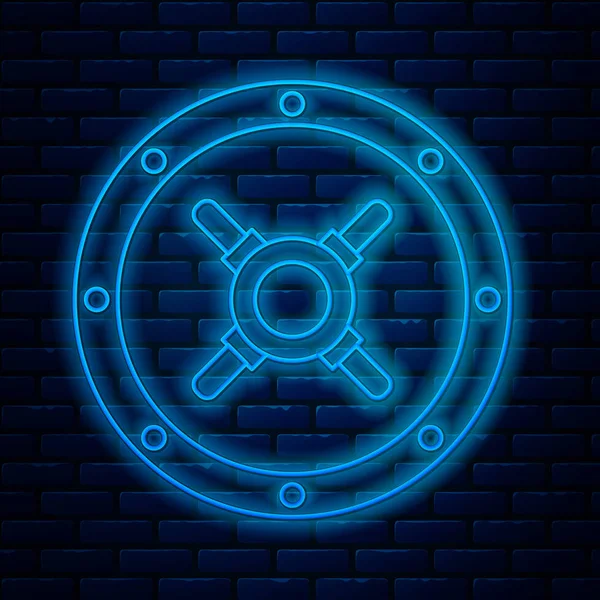 Glowing neon line Safe icon isolated on brick wall background. The door safe a bank vault with a combination lock. Reliable Data Protection. Vector Illustration — Stock Vector