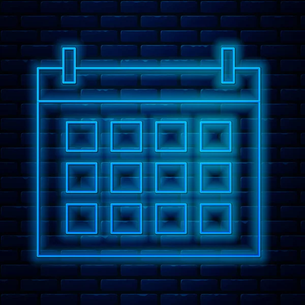 Icono de calendario de línea de neón brillante aislado en el fondo de la pared de ladrillo. Evento símbolo recordatorio. Ilustración vectorial — Archivo Imágenes Vectoriales