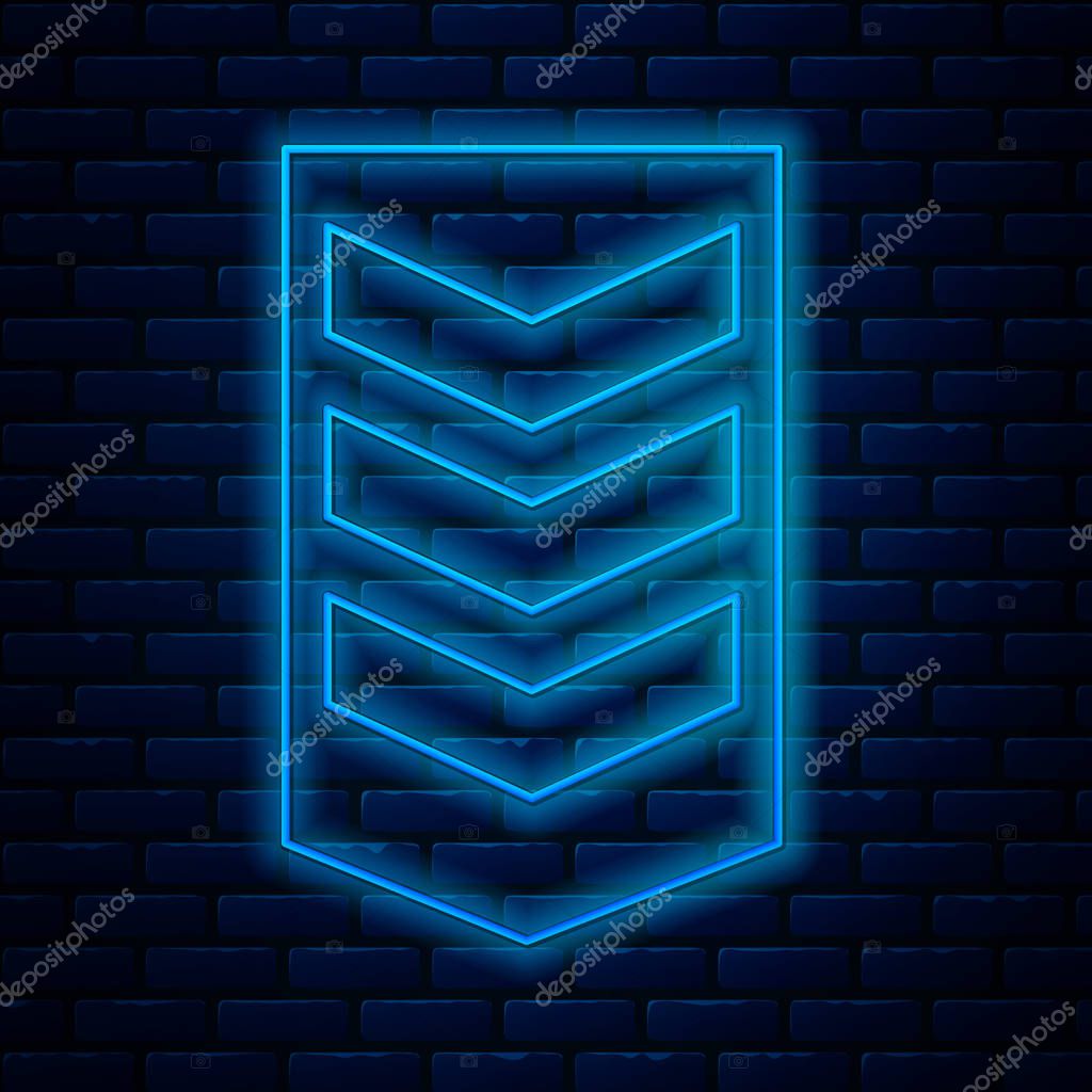 Glowing neon line Military rank icon isolated on brick wall background. Military badge sign. Vector Illustration