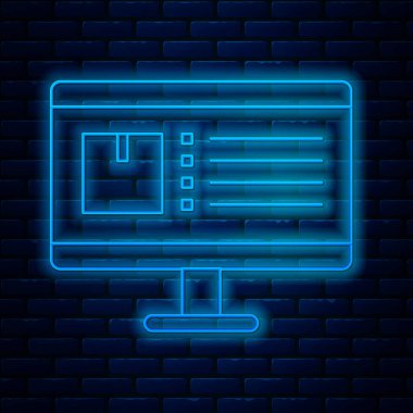 Glowing neon line Computer monitor with app delivery tracking icon isolated on brick wall background. Parcel tracking. Vector Illustration