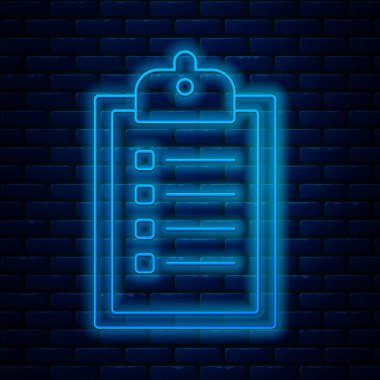 Parlayan neon hattı dağıtım listesi doğrulaması tuğla duvar arka planında izole edilmiş pano simgesi. Vektör İllüstrasyonu
