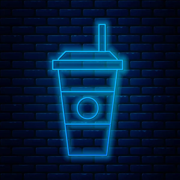 Linea fluorescente icona tazza di caffè isolato su sfondo muro di mattoni. Tazza di caffè usa e getta con caffè caldo. Illustrazione vettoriale — Vettoriale Stock