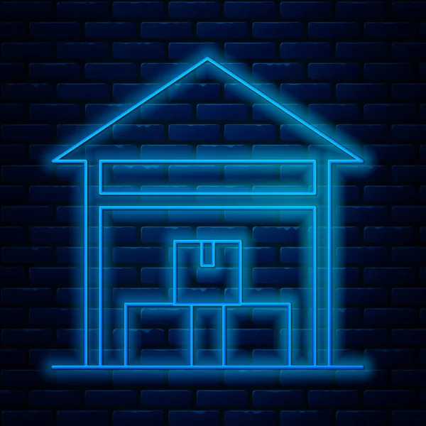 Leuchtende Leuchtschrift Warehouse Symbol isoliert auf Backsteinwand Hintergrund. Vektorillustration — Stockvektor