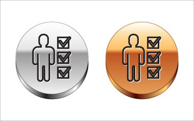 Siyah çizgi kullanıcısı beyaz arka planda izole edilmiş takım elbiseli adam simgesi. İş simgesi kullanıcı profili simgesi simgesi. Erkek kullanıcı işareti. Gümüş-altın halka düğmesi. Vektör İllüstrasyonu