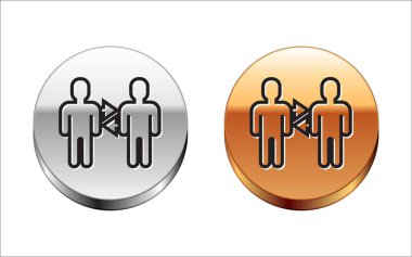 Beyaz arkaplanda siyah çizgi proje taban simgesi izole edildi. İş analizi ve planlama, danışmanlık, takım çalışması, proje yönetimi. Gümüş-altın halka düğmesi. Vektör İllüstrasyonu