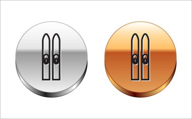 Siyah çizgi kayak ve çubuk simgesi beyaz arkaplanda izole edildi. Olağanüstü bir spor. Kayak ekipmanları. Kış sporları ikonu. Gümüş-altın halka düğmesi. Vektör İllüstrasyonu