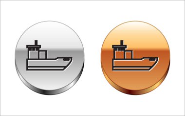 Siyah çizgi kargo gemisi simgesi beyaz arkaplanda izole edildi. Gümüş-altın halka düğmesi. Vektör İllüstrasyonu