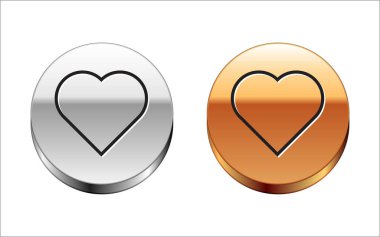 Beyaz arkaplanda izole edilmiş kalp sembolü simgesi olan siyah çizgi oyun kartı. Kumarhane kumarı. Gümüş-altın halka düğmesi. Vektör İllüstrasyonu