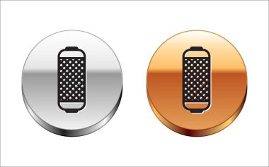 Siyah çizgi Stereo hoparlör simgesi beyaz arkaplanda izole edildi. Ses sistemi hoparlörleri. Müzik ikonu. Müzikal sütun hoparlörü. Gümüş-altın halka düğmesi. Vektör İllüstrasyonu