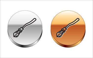 Siyah çizgi cadıları beyaz arka planda izole edilmiş süpürge ikonu. Mutlu Cadılar Bayramı Partisi. Gümüş-altın halka düğmesi. Vektör İllüstrasyonu