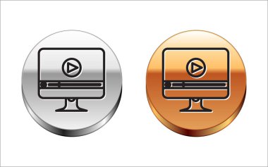 Black line Online play video icon isolated on white background. Computer monitor and film strip with play sign. Silver-gold circle button. Vector Illustration