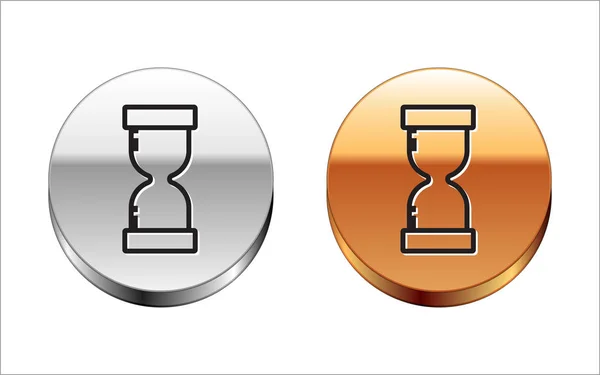 Línea negra Reloj de arena viejo con el icono de arena que fluye aislado en el fondo blanco. Señal de reloj de arena. Concepto de negocio y gestión del tiempo. Botón círculo plata-oro. Ilustración vectorial — Vector de stock