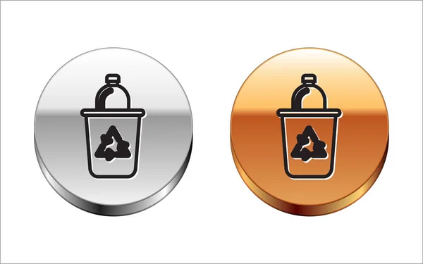 Black line Recycle bin with recycle symbol icon isolated on white background. Trash can icon. Garbage bin sign. Recycle basket sign. Silver-gold circle button. Vector Illustration — Stock Vector